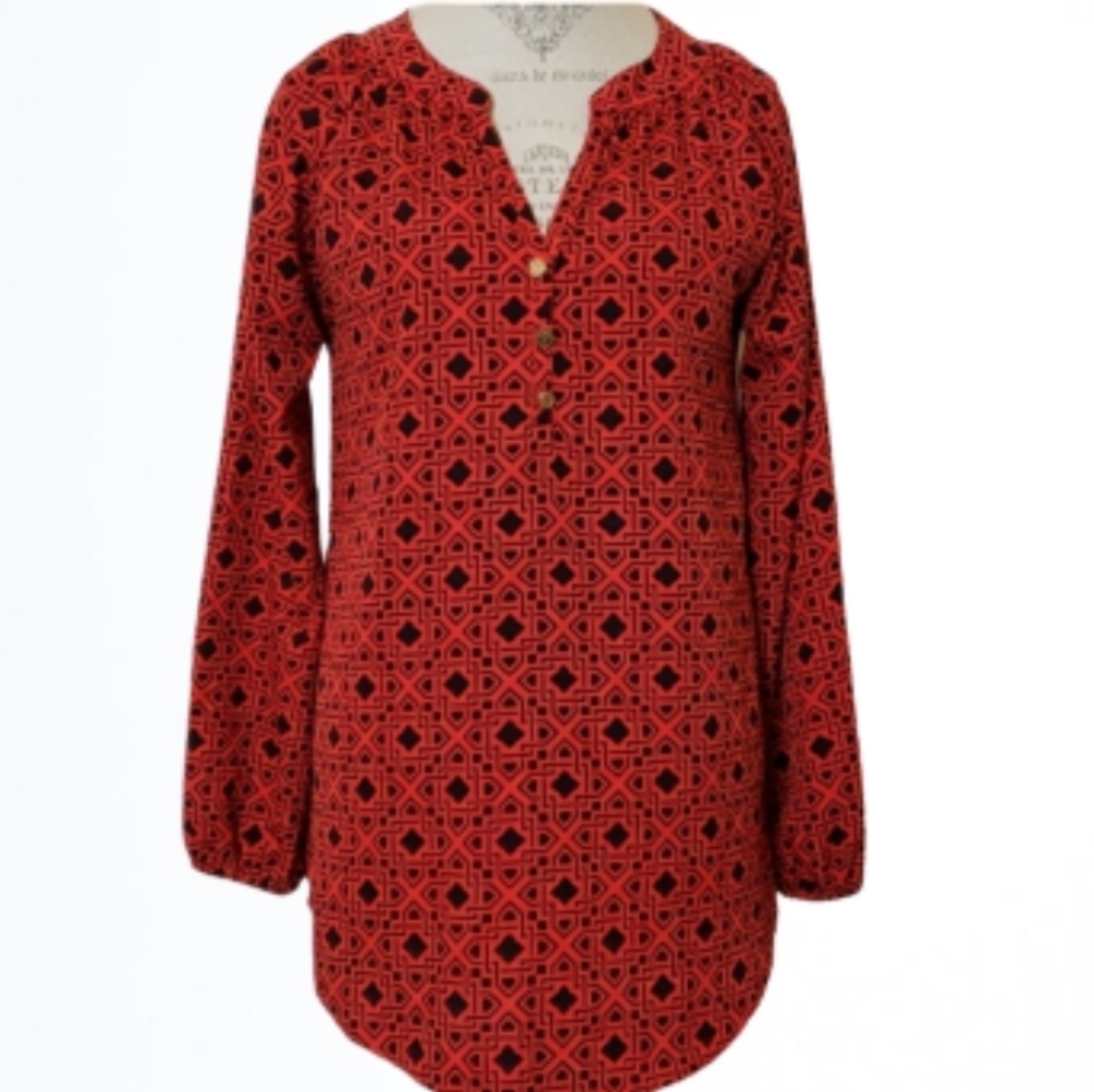 Mud Pie Long Sleeve Red And Black Moroccan Print Tunic Size S